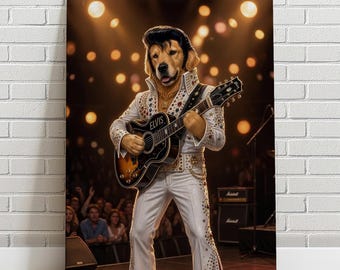 Custom King of Rock Dog Portrait from Photo | Rock star Dog Painting | Personalized Pet Gift | Funny Dog Wall Canvas Print Music Lover Gift