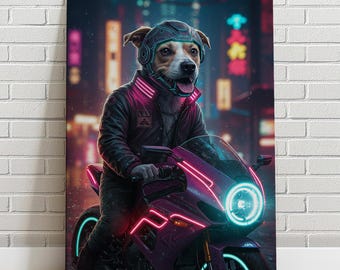 May include: A digital art print of a dog wearing a futuristic helmet and jacket, riding a motorcycle with neon lights. The dog is the focal point, set against a blurred cityscape with vibrant neon signs. The motorcycle has a purple frame and teal lights.