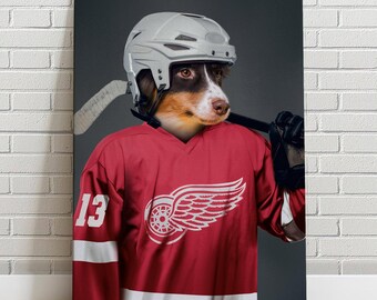 Portrait d'animal de compagnie personnalisé Hockey sur glace Detroit Red Wings toile Portrait chien chat