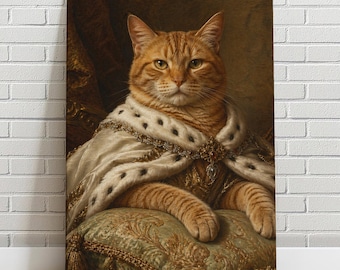 Custom Royal Cat Portrait from Photo | Renaissance King Cat Painting | Personalized Pet Gift | Regal Orange Tabby Art Print on Canvas