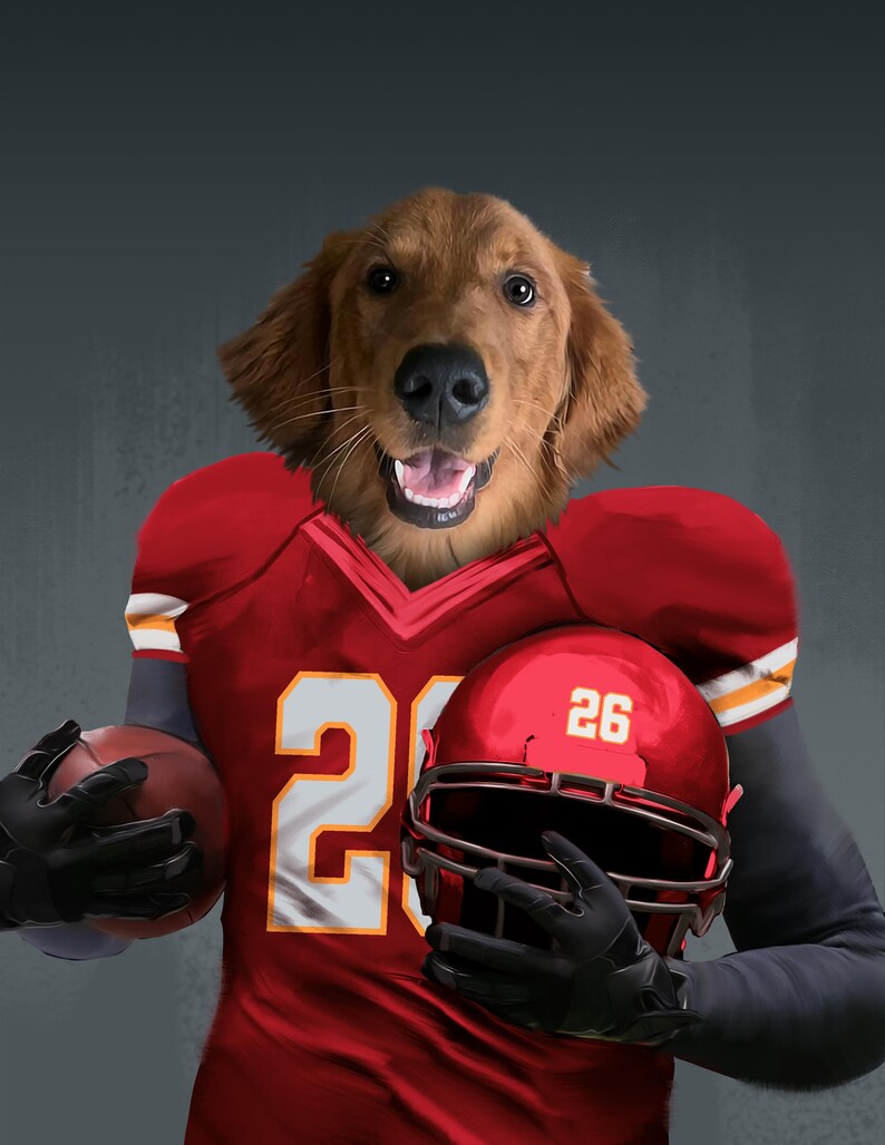 Pode incluir: Um c&atilde;o golden retriever vestindo um uniforme de futebol vermelho e branco com o n&uacute;mero 20 na frente. O c&atilde;o est&aacute; segurando uma bola de futebol em uma m&atilde;o e um capacete de futebol vermelho com o n&uacute;mero 26 no lado na outra m&atilde;o.