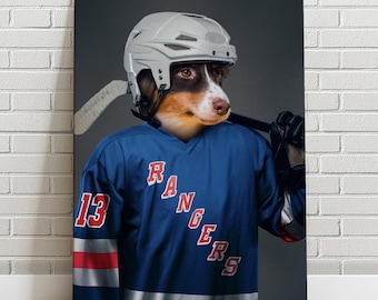 Custom Pet Portrait   Ice Hockey New York Rangers Canvas Dog Cat Portrait