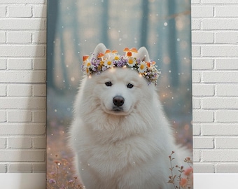 Custom Pet Portrait in Fairy Crown Flower Crown Canvas Dog Cat Portrait