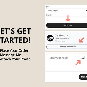 Pode incluir: Uma captura de tela de um site que mostra um guia passo a passo para encomendar um retrato personalizado. As etapas s&atilde;o: 1. Fa&ccedil;a seu pedido, 2. Envie-me uma mensagem, 3. Anexe sua foto. O site tamb&eacute;m mostra um bot&atilde;o para adicionar o retrato ao carrinho e um bot&atilde;o para enviar uma mensagem ao artista.
