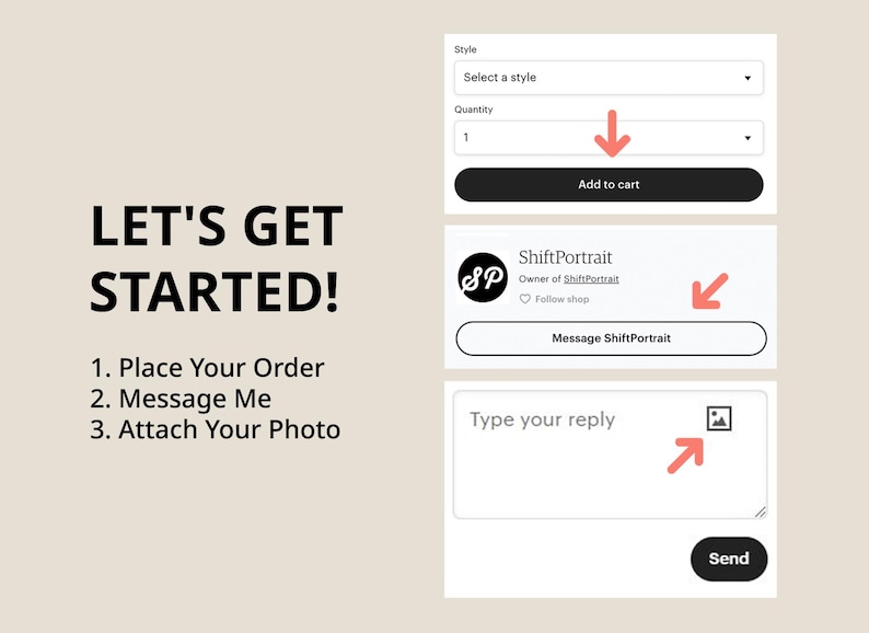 Pode incluir: Uma captura de tela de um site que mostra um guia passo a passo para encomendar um retrato personalizado. As etapas s&atilde;o: 1. Fa&ccedil;a seu pedido, 2. Envie-me uma mensagem, 3. Anexe sua foto. O site tamb&eacute;m mostra um bot&atilde;o para adicionar o retrato ao carrinho e um bot&atilde;o para enviar uma mensagem ao artista.