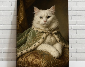 Custom Royal White Cat Portrait from Photo | Renaissance Queen Cat Painting | Personalized Pet Gift | Fluffy Cat Wall Art Canvas Print