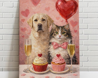 Custom Pet Portrait Painting, Romantic Date, Valentine Couple, cat portrait, dog portrait, Canvas Pet Romantic gift