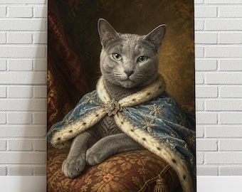 Custom Royal Grey Cat Portrait from Photo | Renaissance Russian Blue Cat Painting | Personalized Pet Gift | Regal Gray Cat Canvas Print