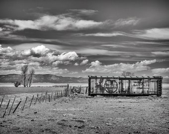 Abandoned railcar in northern New Mexico, black and white photo