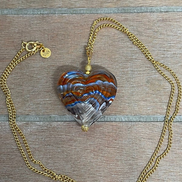 Lampwork glass necklace, lampwork heart, gold heart pendant, glass heart, nautical necklace, one off jewellery piece