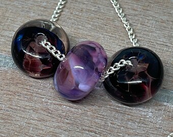 Purple bead silver necklace, Murano glass necklace, lampwork necklace, 24 inch bead necklace, 24 inch silver necklace, blue necklace