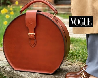 Caixa de viagem vintage em couro para chapéus: Bolsa redonda marrom