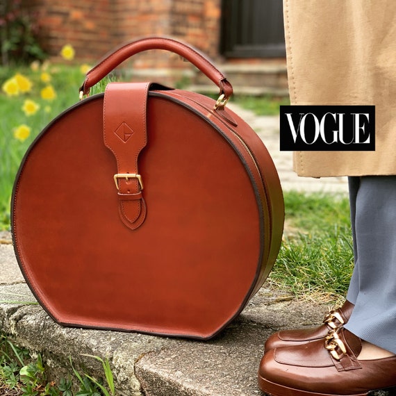 Vintage Boho Style Travel Hat Box Brown Shoulder Round Leather