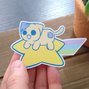 Cat Riding On A Star Waterproof Vinyl Sticker for Laptop, Water Bottle, Decorations, etc