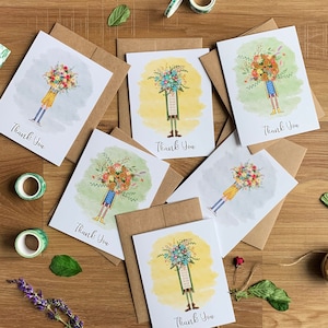 Conjunto de cartões de agradecimento ilustrado com buquê de flores silvestres