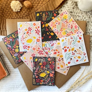 Autumn Floral Greeting Cards, Fall Note Card Pack, Set of Nine