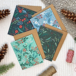 Winter Floral Greeting Cards, Holiday Note Card Pack, Set of Eight, Christmas Card Set