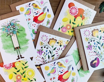 All Occasion Note Cards, Folk Art Citrus Birds and Flowers Variety Pack,