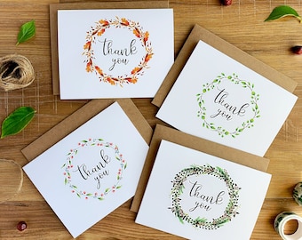 Seasonal Wreath Thank You Cards Set of Four, Spring Summer Autumn Winter Variety Pack, Illustrated Thank You Note Cards