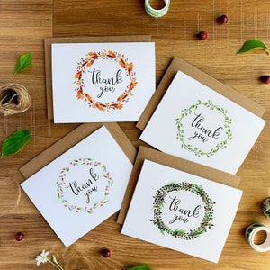 Conjunto de quatro cartões de agradecimento de coroa sazonal, pacote de variedades primavera verão outono inverno, cartões de agradecimento ilustrados
