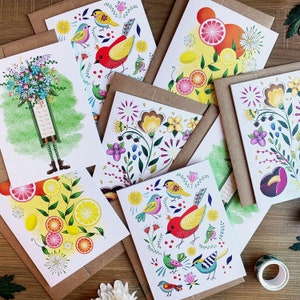 Alle gelegenheid Notitiekaarten, Folk Art Citrus Vogels en Bloemen Variëteit Pack,
