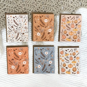 Boho Autumn Floral Greeting Cards, Fleurs et Citrouilles Patterned Fall Note Card Pack, Set de Six