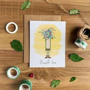 Yellow Bouquet Thank You Card Card, Girl with Wildflowers Greeting Card, Blank Illustrated Handmade Note Card