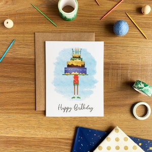 Carte de gâteau d’anniversaire bleue, carte de joyeux anniversaire, kiss the cook, carte de note illustrée faite à la main