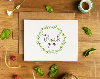 Summer Greenery Thank You Card, Green Wreath Greeting Card, Illustrated Handmade Note Card