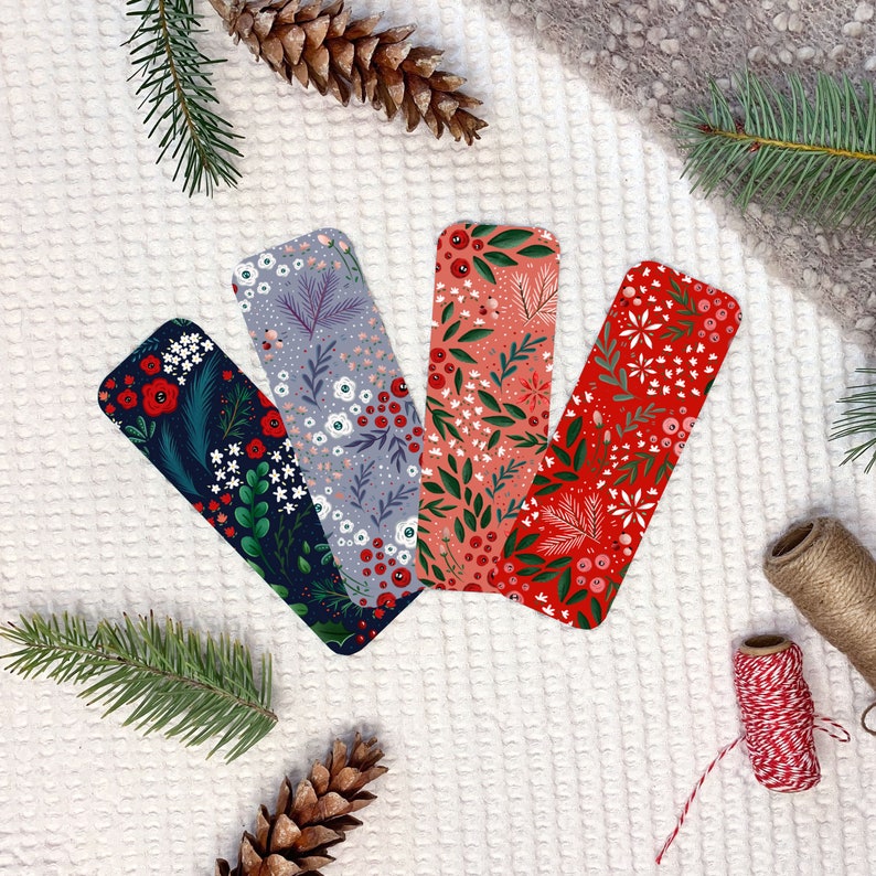 Warm Winter Floral Bookmarks Set of Four, Christmas Bookmark Pack, Holiday Bookmark Set image 1