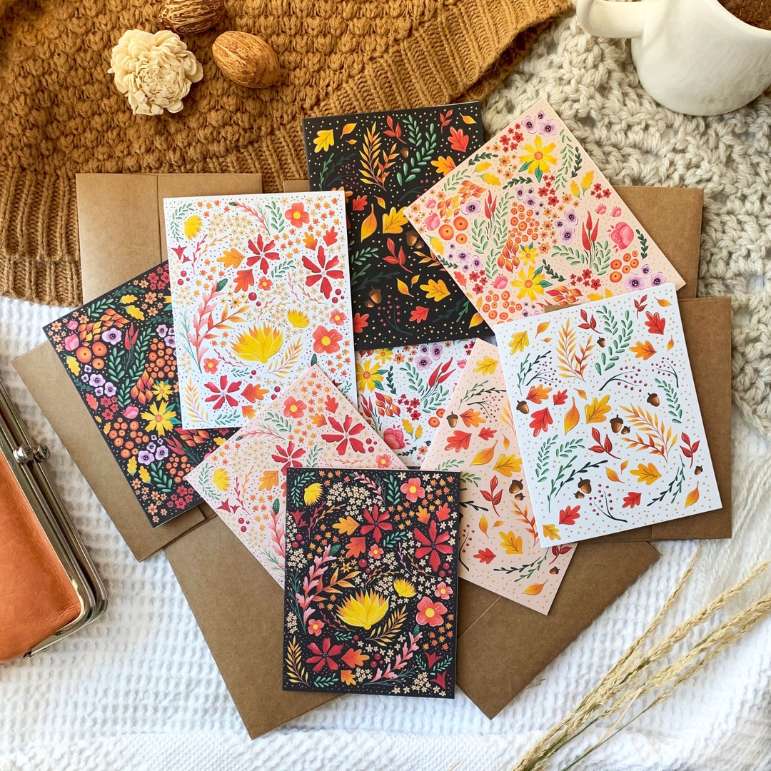 Autumn Floral Greeting Cards, Fall Note Card Pack, Set of Nine - Etsy