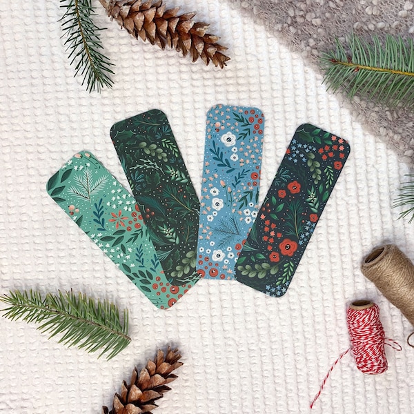 Winter Floral Bookmarks - Set of Four, Christmas Bookmark Pack, Holiday Bookmark Set