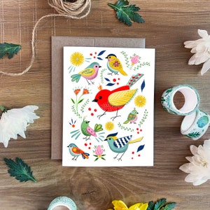 Cartão de felicitações de pássaros de arte popular para todas as ocasiões, cartão de pássaro em branco para várias ocasiões, cartão de nota feito à mão ilustrado