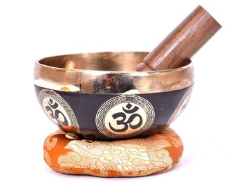 4 inch Hindu Om Singing bowl - Tibetan Sound Healing Meditation Bowls - Palm Size Singing Bowls set mallet cushion - Singing bowl for chakra