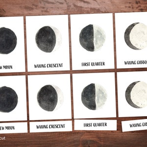 Tarjetas de 3 partes de fases lunares - Fases lunares - PDF - Montessori - Datos lunares - Sistema solar - Planetas - Ciencia - Educación espacial - Descargar