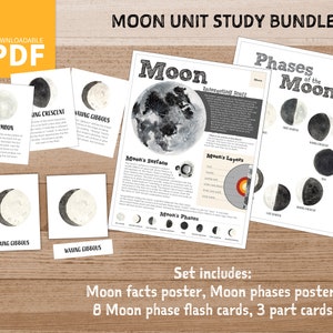 Moon Unit Study Bundle - Lunar Phases - PDF - DIGITAL - Moon facts - Solar System - Planets - Science - 3 Part Cards - Flash cards -Download