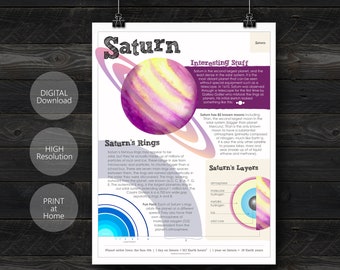 Saturn Poster - Planet Poster - PDF - DIGITAL - Saturnfacts - Solar System - Planets - Science - Education Poster - Space - Download