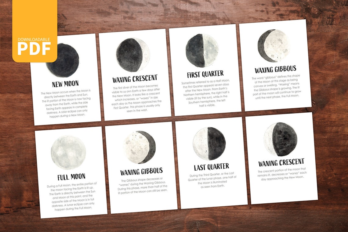 Moon Phases Flash Cards Lunar Phases PDF DIGITAL Moon - Etsy