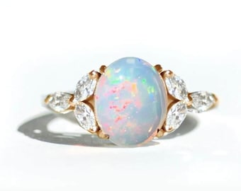 Oval Fire Opal Ring, Sterling Silver Moissanite Bridal Ring