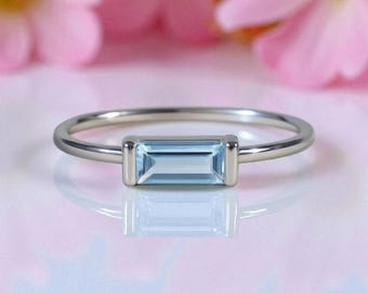 Baguette Aquamarine Ring, Sterling Silver Engagement Ring