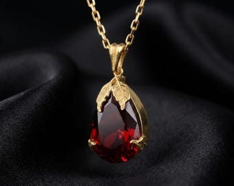 Teardrop Garnet Pendant Necklace, 14K Gold Plated Sterling Silver, Vintage Red Gemstone Anniversary Gift Bridal Promise Gift Necklace