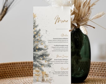 Spersonalizowana Karta Menu na Imprezę Bożonarodzeniową, Karta Menu Zaproszenia na Święto Dziękczynienia, Karta Menu na Kolację Bożonarodzeniową, Karta Menu Bożonarodzeniowa do Wydrukowania i Edycji