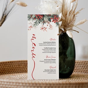 Menù per la festa di Natale personalizzato, stampabile e modificabile, menù per invito al Ringraziamento, biglietto per cena di Natale a tema rosso