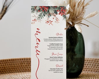Spersonalizowana, drukowana i edytowalna karta menu na imprezę świąteczną, karta menu zaproszenia na Święto Dziękczynienia, czerwona karta na kolację świąteczną