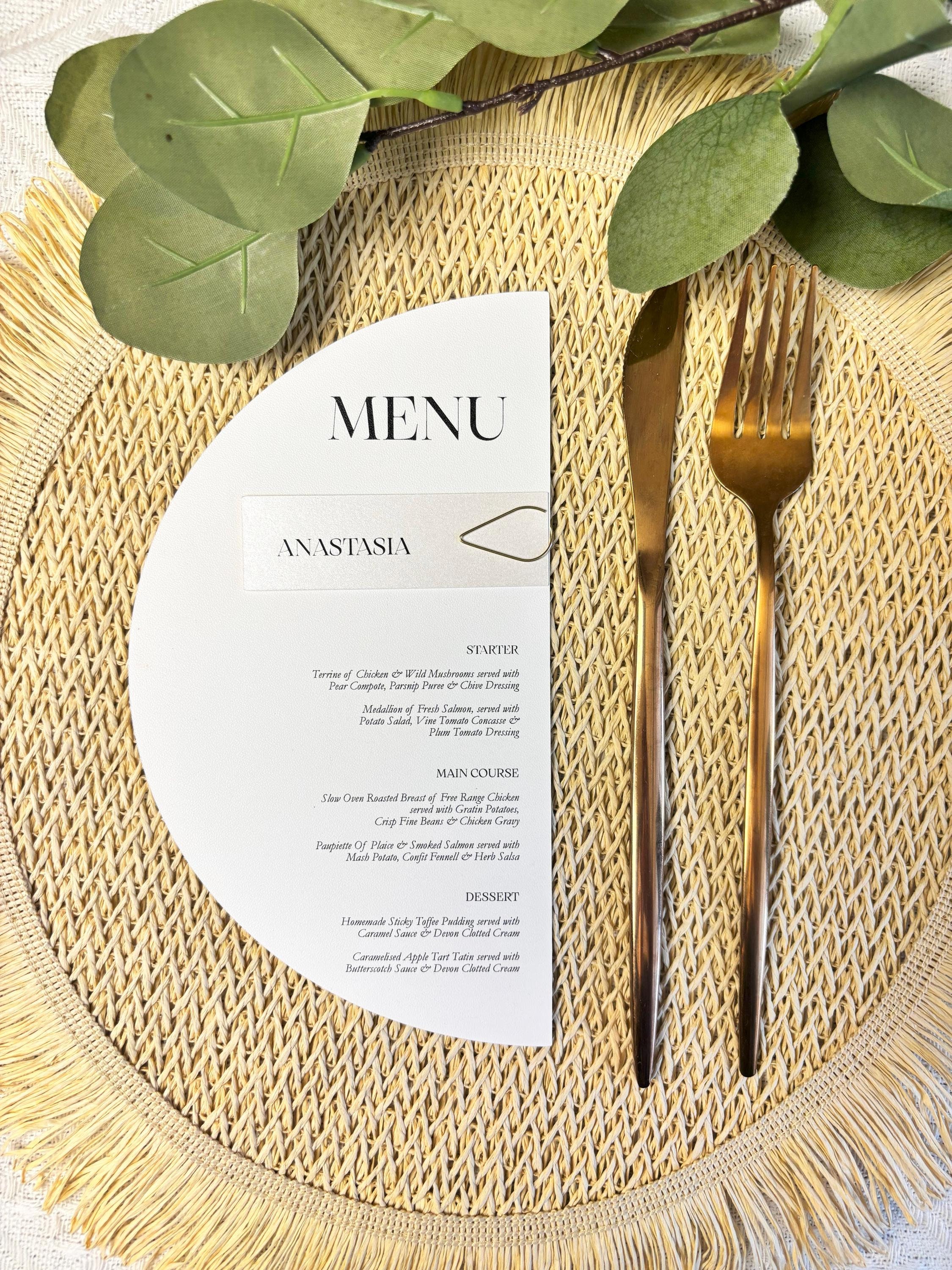 Half Round Printed Wedding Menu with Place Card, Minimalist Design Menu Card, Halfmoon Birthday Party, Baby Shower & Dinner Party Menu Card