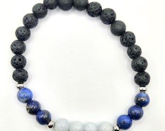 Aquamarine Lapis Lazuli Lava Rock Bracelet | Handmade Gemstone Stretch Bracelet | March Birthstone Jewelry | Gift for Her