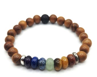 Handmade Chakra Stretch Bracelet | 6 Inch Bracelet | Yellow Wood Beads | 8mm Chakra Gemstones