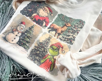 Vintage Christmas Collage Sweatshirt | Santa, Reindeer & Grinch Design