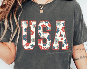 Camiseta con estampado floral de EE. UU. / Camiseta patriótica Comfort Colors