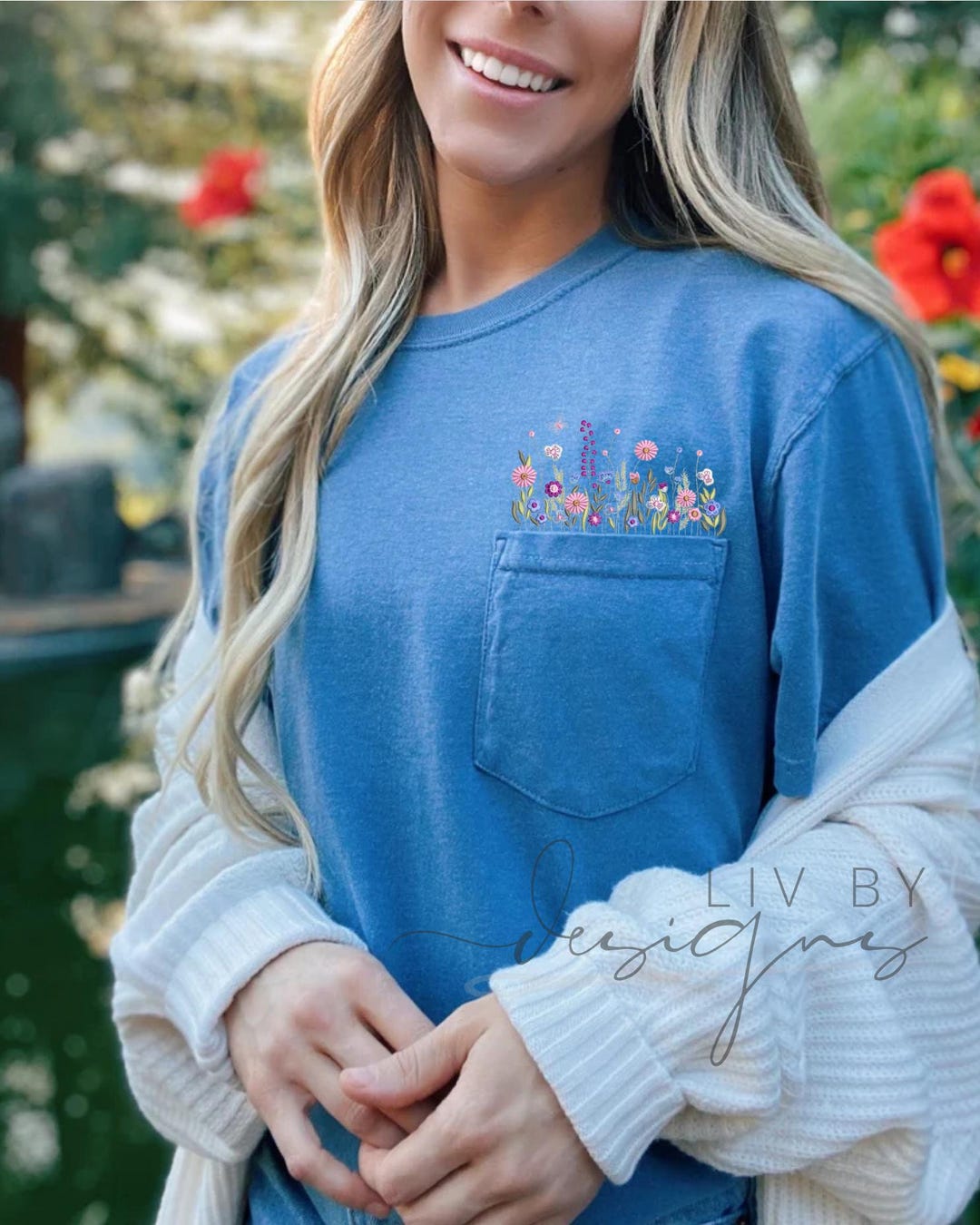 Wildflower Embroidered Pocket Tee – Comfort Colors Cotton Shirt - Etsy